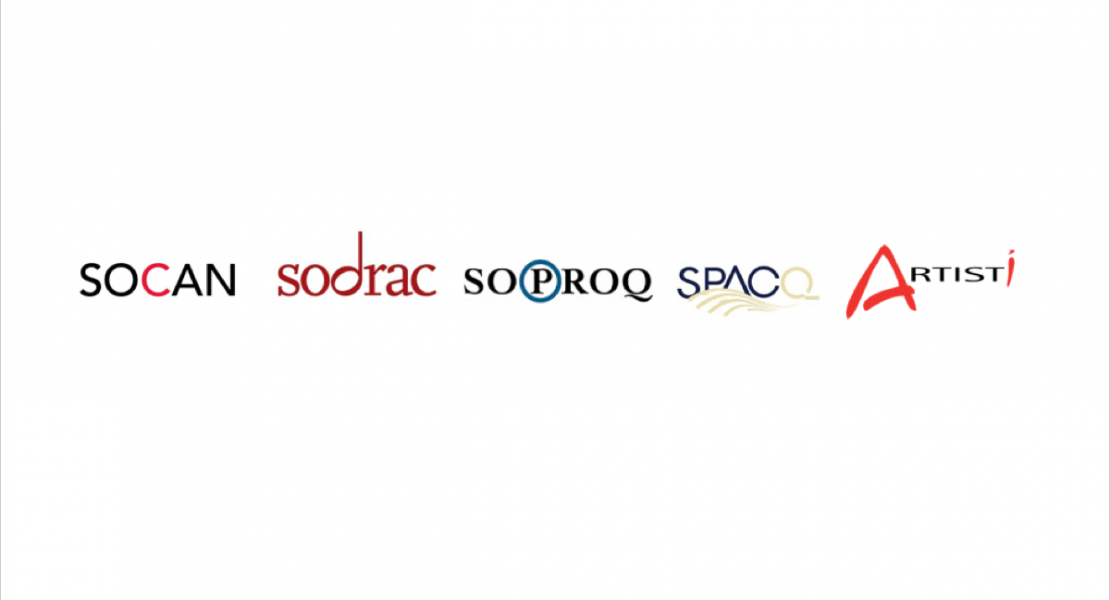 Logos de la SOCAN, de la SODRAC, de la SOPROQ, de la SPACQ et d'Artisti